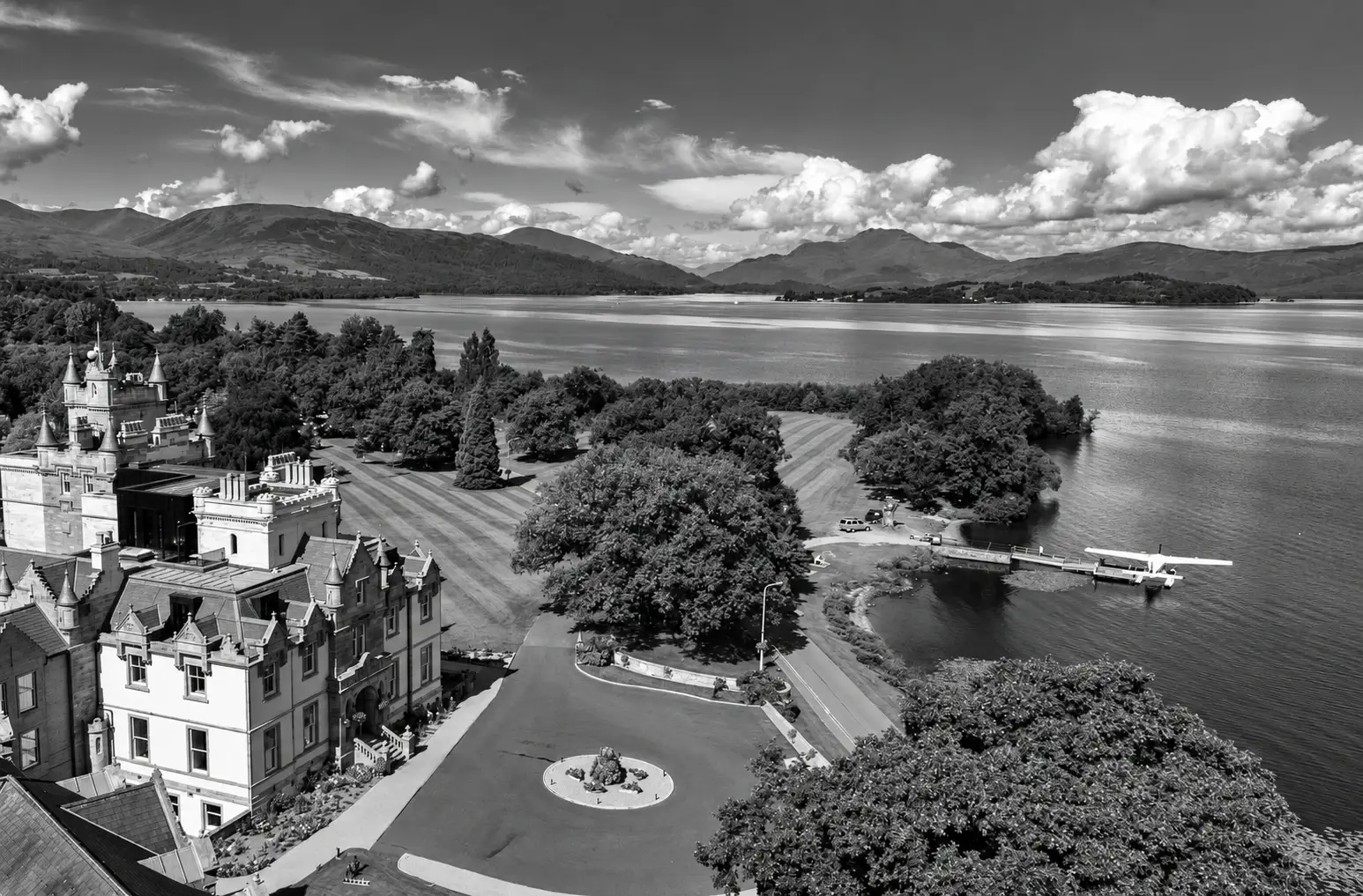 Aerial view of Cameron House on the shore of Loch Lomond